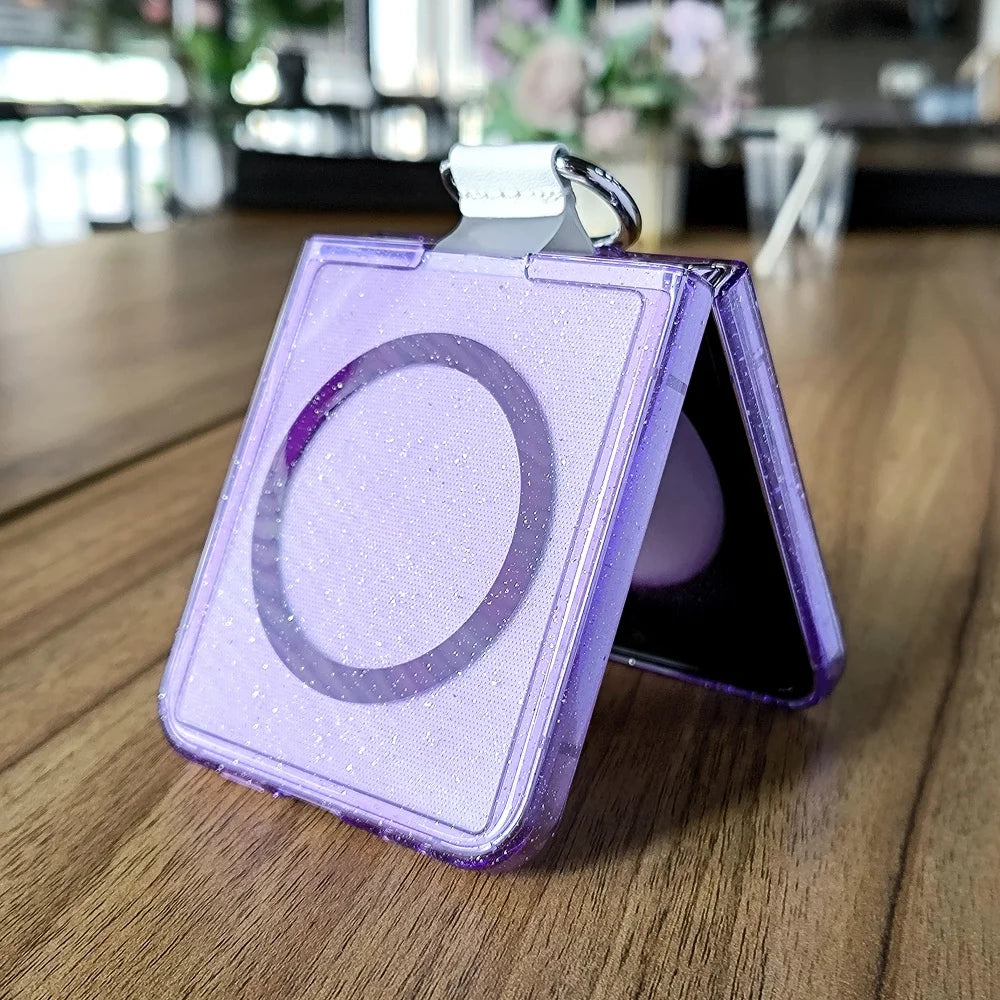 Z Flip7 FE Glitter Transparent Magnetic Ring Phone Case For Samsung Galaxy Z Flip 7 6 5 4 3 Wireless Charging Shockproof Cover