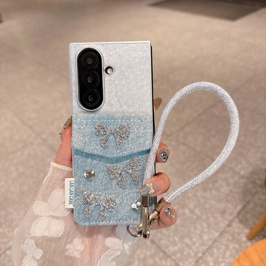 Diamond Bow Wrist Chain Case for Samsung Galaxy Z Fold 7 Fold 6 5 4 3 Simple Denim Card Holder Shockproof Bracket Back Cover