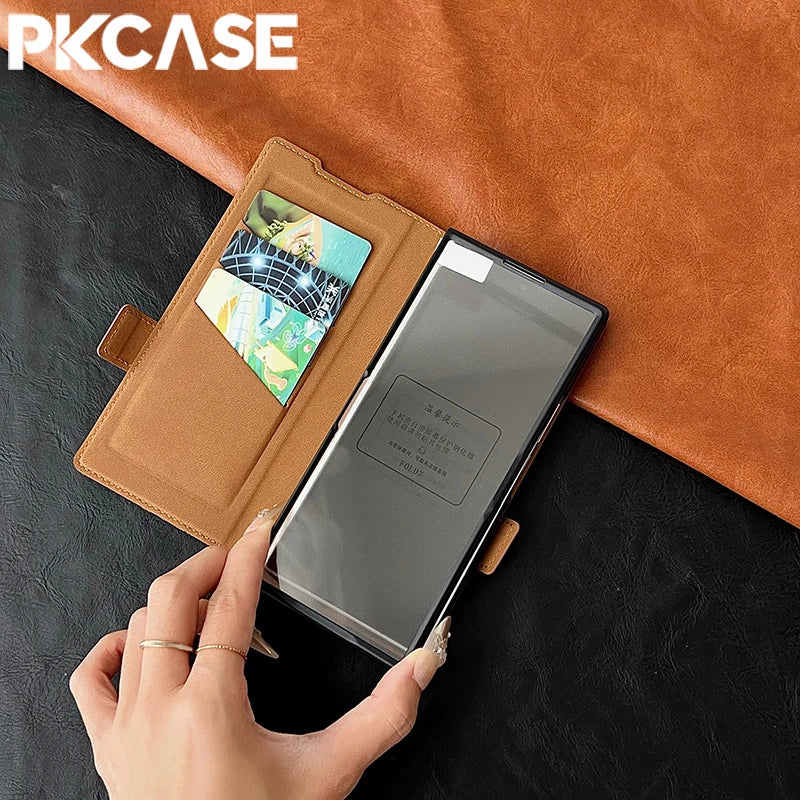 PKCASE Leather Magnetic Clasp Card Slot Wallet Phone Case For Samsung Galaxy Z Fold 7 6 5 4 3 Shockpoof Wristband Bracket Cover