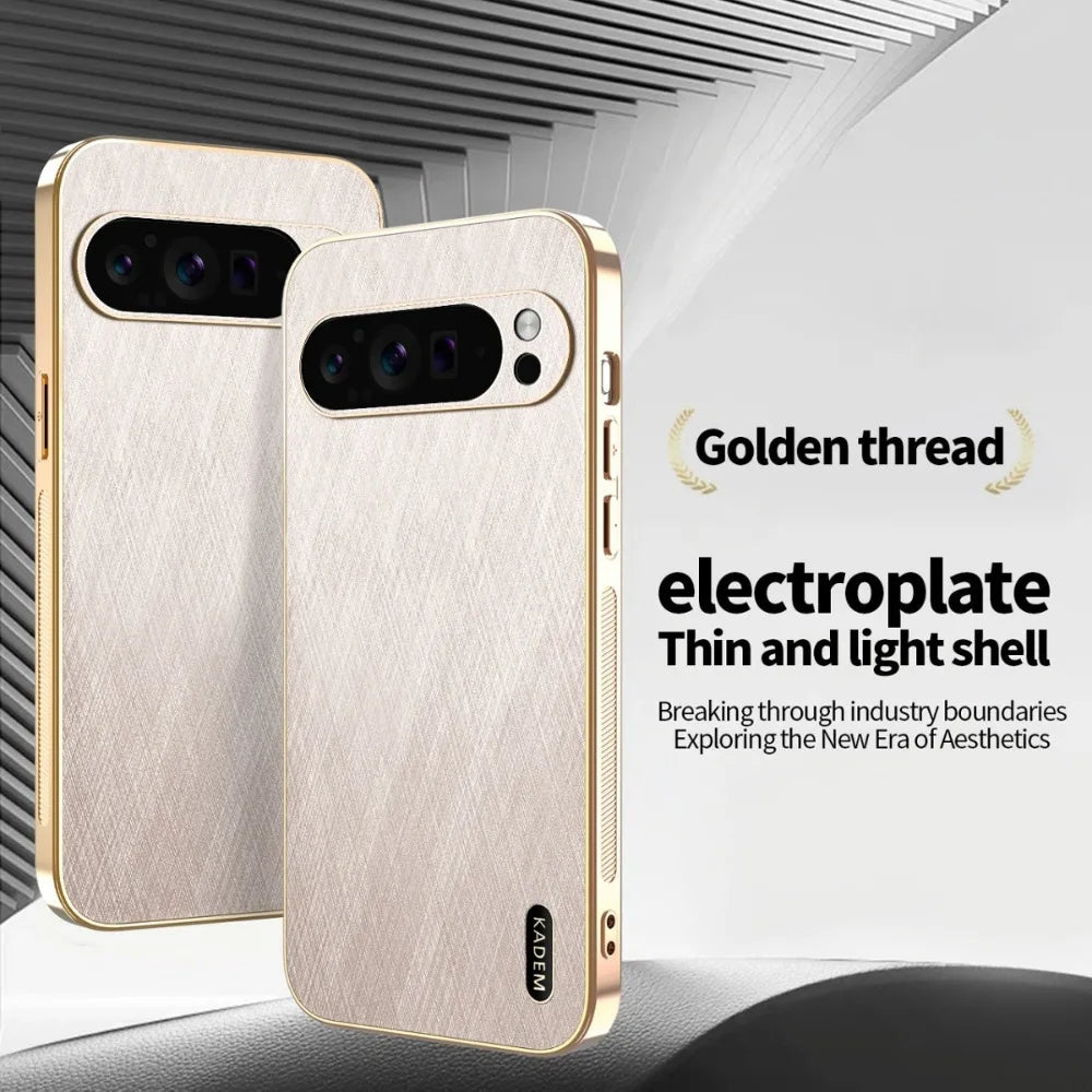 Plating Gold Silk Skin Phone Case for Google Pixel 9 8 7 6 10 Pro XL 8A 7A 6A All Around Protect Shell Leather Shockproof Cover
