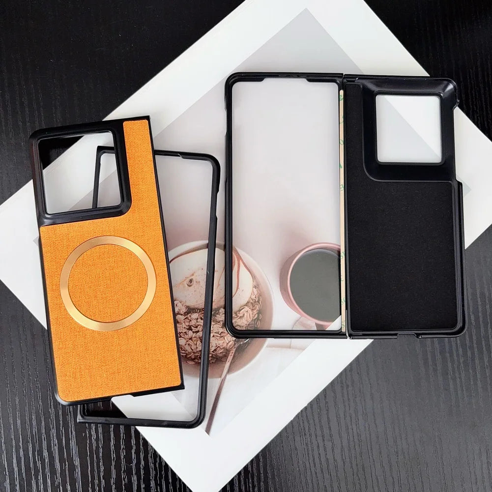 with Magnetic Ring Plain Leather Case For Motorola Razr Fold Luxury Cloth Wireless Charging Protective Cover