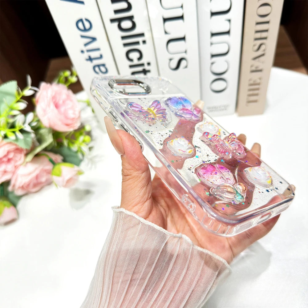 Cute 3D Rose Butterfly Bow Pearl Glitter Transparent Case for Google Pixel 8 9 10 Pro XL 9A 8A Shockproof Epoxy Clear TPU Cover