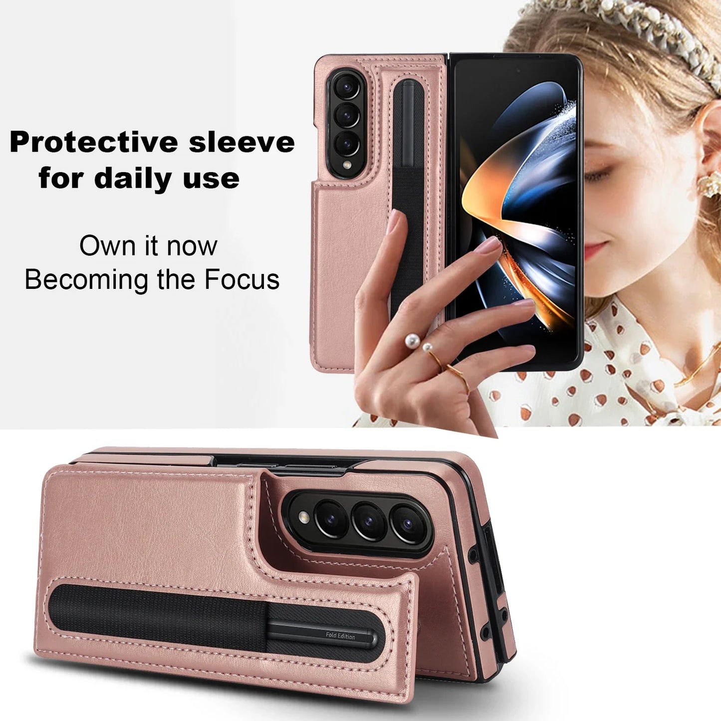 Folding Card Bag Leather Stand Case for Samsung Galaxy Z Fold 3 4 5 6 5G ZFold6 with Pen Slot Business Protection ZFold5 Cover