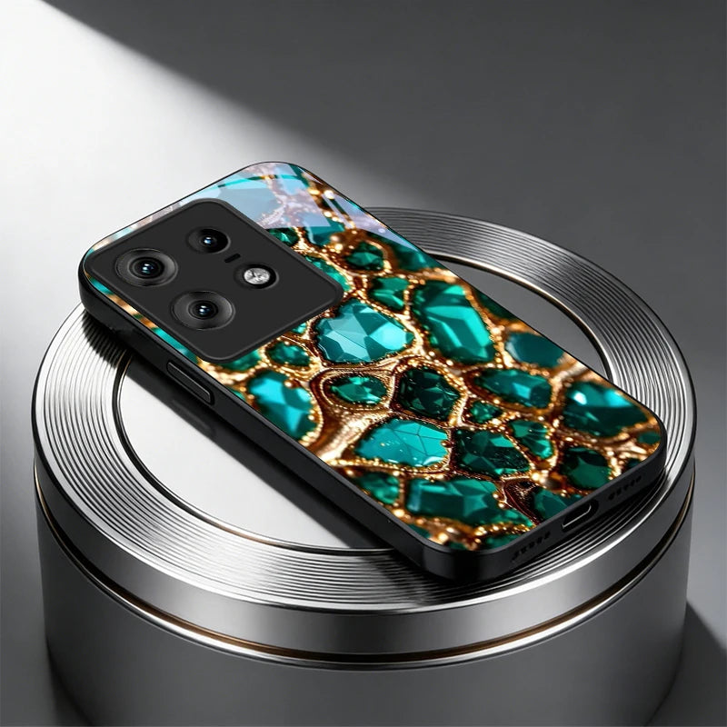 Luxury Green Gem Golden Black Glass Phone Case For Motorola Moto Edge 60 70 20 Lite 30 Pro 40 50 Ultra G45 G54 G55 G75 84 Cover