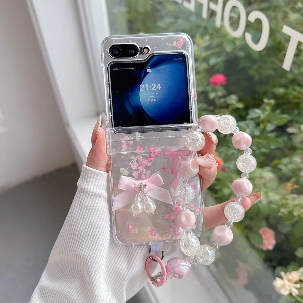 Korean Cute Bowkont Flower Ornament Hinge Phone Case For Samsung Galaxy Z Flip 7 6 5 Flip6 Flip5 Flip7 Cases Cover with Chain