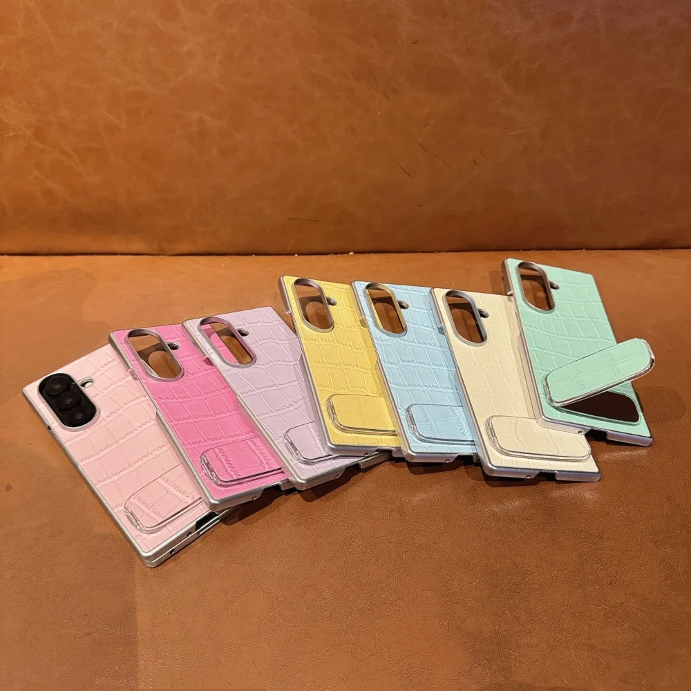 3D Crocodile Skin Pattern PU Phone Case For Samsung Galaxy Z Fold 7 6 5 4 3 Fold7 ins Y2K Invisible Makeup Mirror Bracket Cover