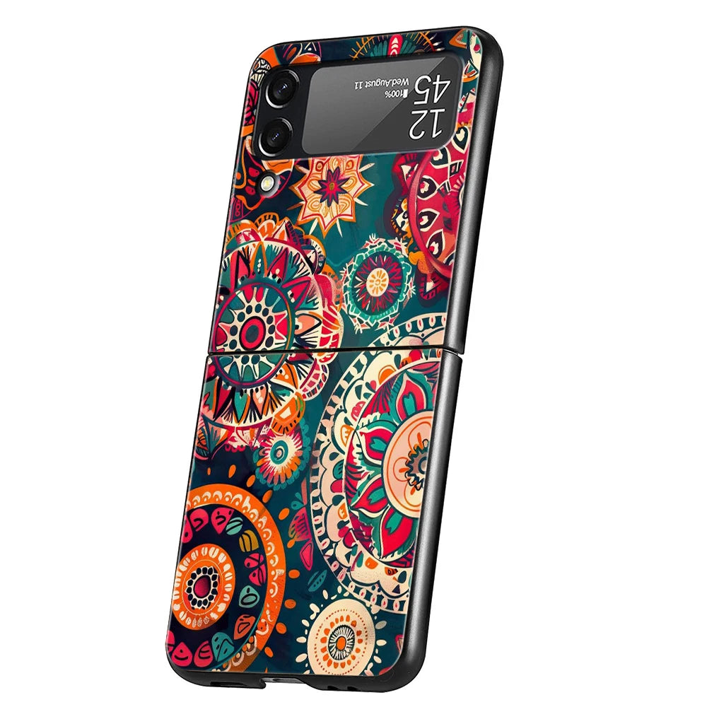 Indian Pattern Mandala Hard PC Phone Case For Samsung Galaxy Z Flip 7 6 5 4 Black Cover For Galaxy Z Flip 3 Foldable Capas Coque