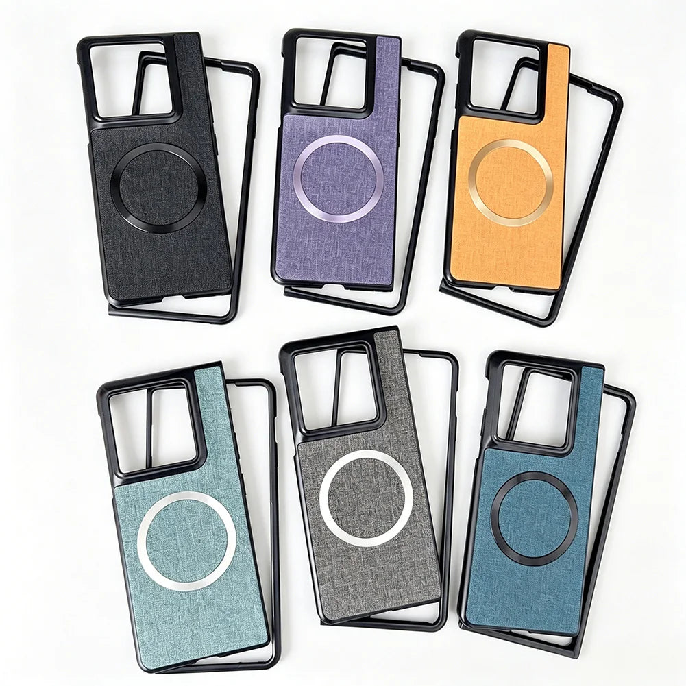 with Magnetic Ring Plain Leather Case For Motorola Razr Fold Luxury Cloth Wireless Charging Protective Cover