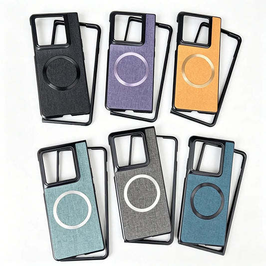 with Magnetic Ring Plain Leather Case For Motorola Razr Fold Luxury Cloth Wireless Charging Protective Cover