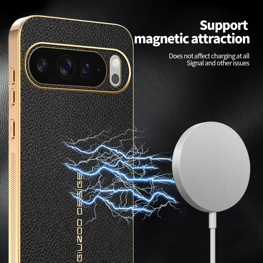 Classic Litchi Leather Magnetic Plating Frame Phone Case For Google Pixel 9 10 Pro XL 9A 6 7 8A Pro Non-slip Bumper Hard Cover