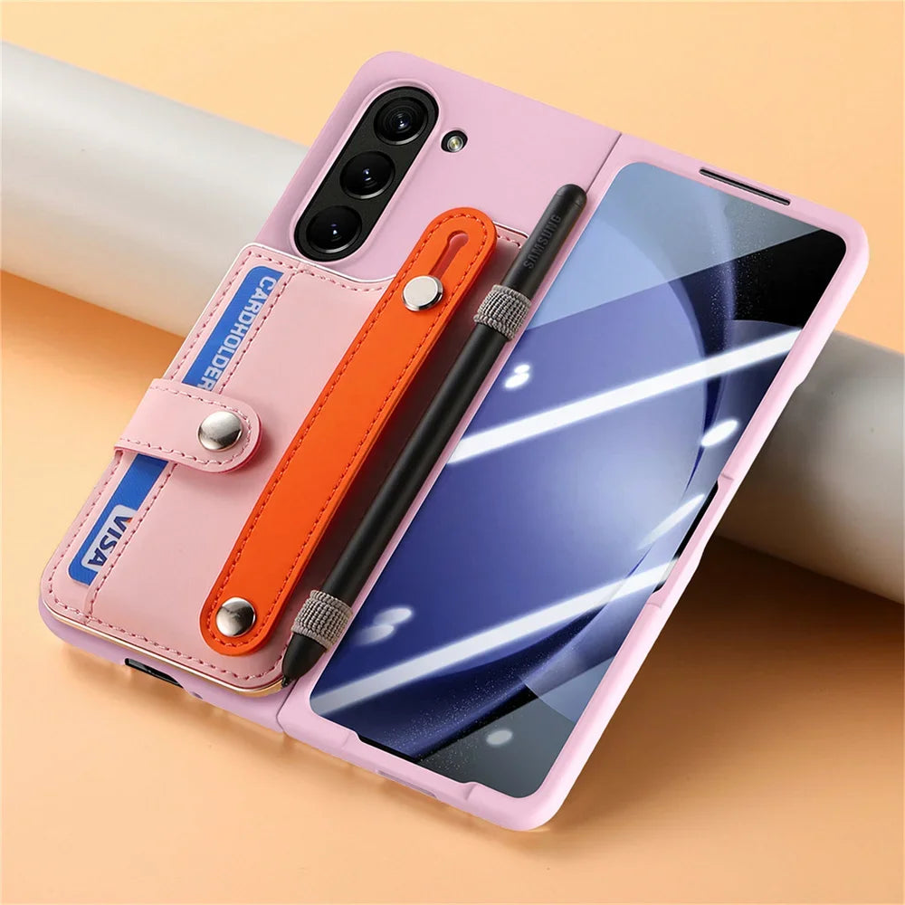 For Samsung Galaxy Z Fold 6 5 Fold6 Fold5 5G Card Slot Wallet Case with Pen Holder & Screen Protector Wrist Strap Cover(NO Pen)