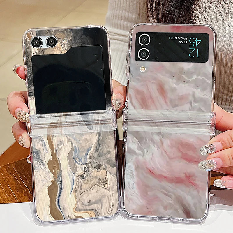 Ink Marble Pattern Clear Phone Case For Samsung Galaxy Z Flip7 FE Flip5 Flip6 Folding Hard Cover For Samsung Z Flip 7 6 5 4 3 5G