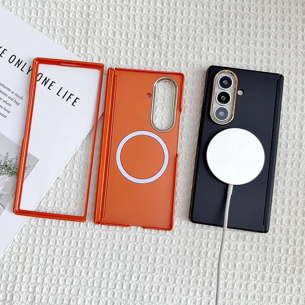 Luxury For MagSafe Flip Hinged Protection Phone Case for Samsung Galaxy Z Fold 8 7 6 5 Wireless Charging Solid Color Matte Cover
