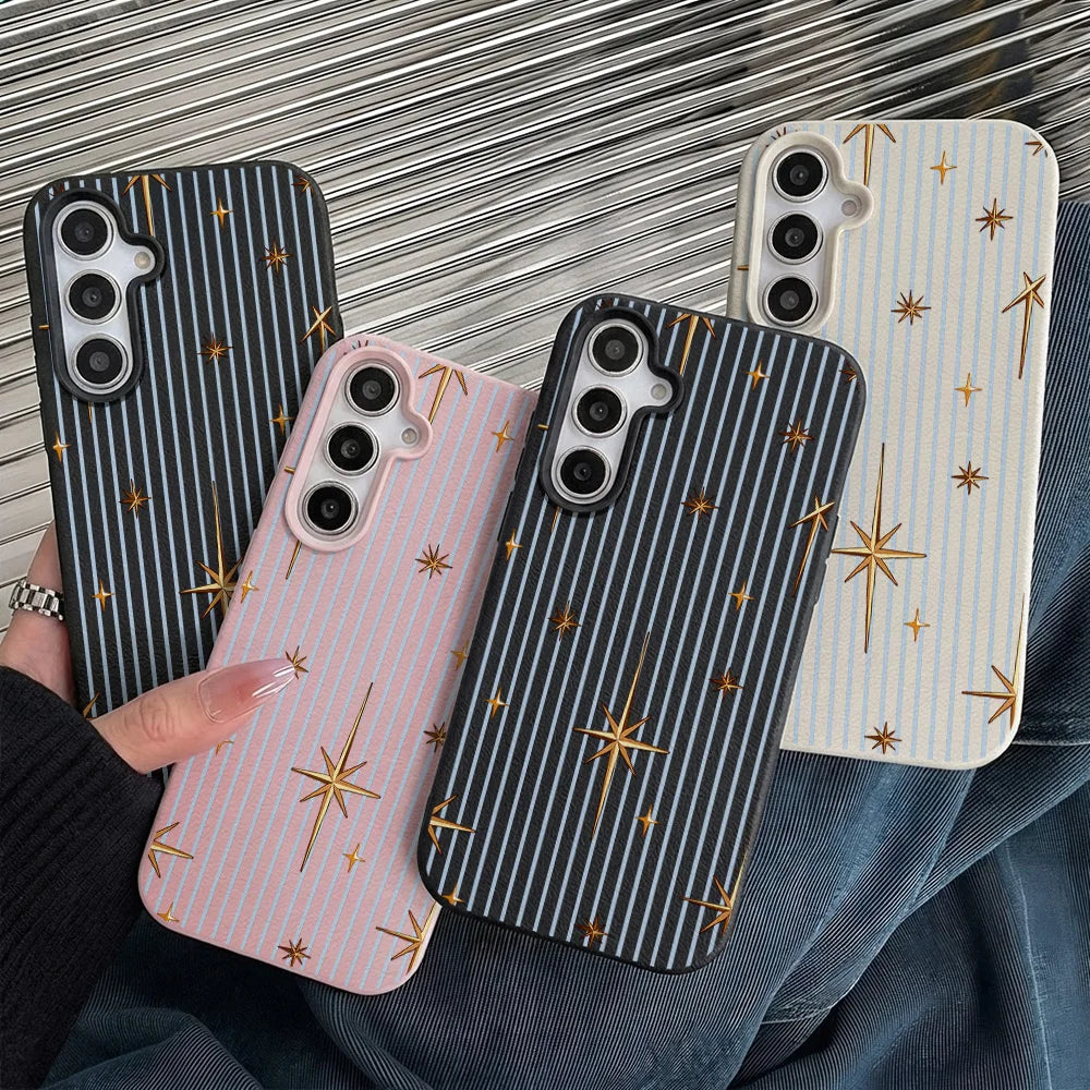Phone Case for Samsung Galaxy S26 S25 S23 Ultra S24 FE A57 A56 A55 A54 5G A07 A06 4G Stripe Gold Star Textured Surface Anti-drop