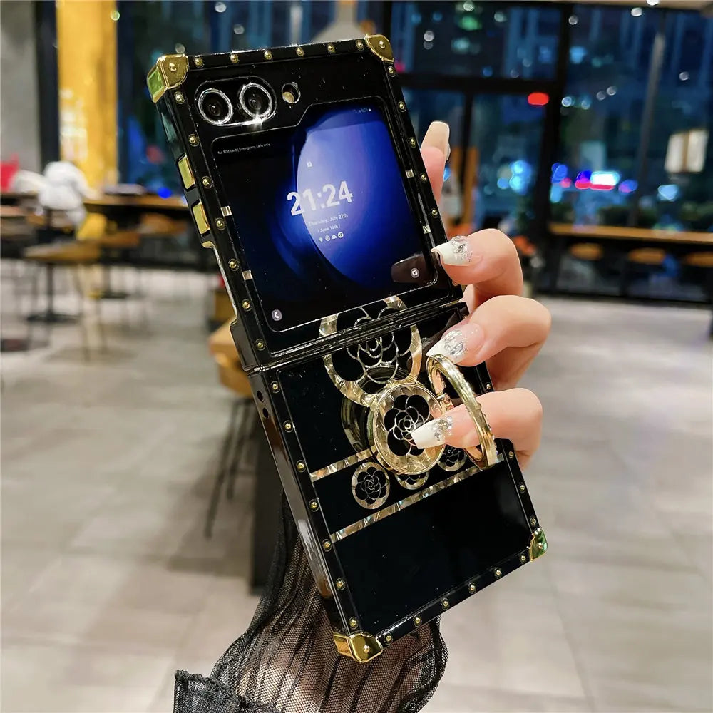 Luxury Gold Plating Flower Case For Samsung Galaxy Z Flip 6 Ring Holder Bracket Cover For Galaxy Z Flip 6