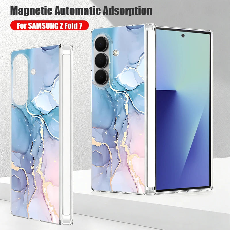 Magnetic Adsorption Clear Case For Samsung Galaxy Z Fold 7 6 5 Fold7 Fold6 Fold5 5G Retro Marble Pattern Shockproof Phone Cover