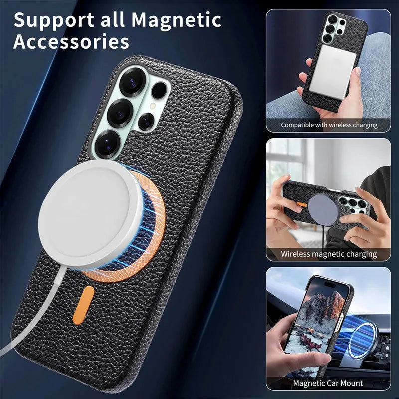 Luxury Leather Magnetic Attraction Case For Samsung Galaxy S25 S26 Ultra S21 S22 S23 S24 Plus Wireless Charging Anti-fall Cover