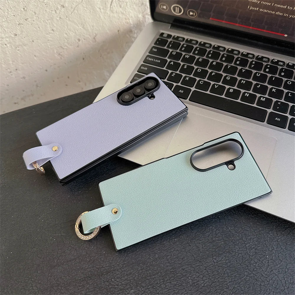 Ring Holder Protective PU Leather Phone Case For Samsung Galaxy Z Fold 7 6 5 4 Fold7 Fold6 Fold5 Fold4 5G Hard Plastic Cover