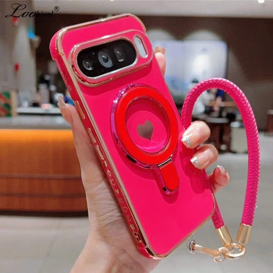 Cute Love Heart Wrist Strap Bracket Case for Google Pixel 8 9 Pro XL 9A 8A 7A Ring Holder Stand Lanyard Plating Soft TPU Cover