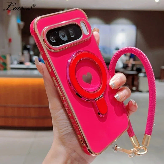 Cute Love Heart Wrist Strap Bracket Case for Google Pixel 8 9 Pro XL 9A 8A 7A Ring Holder Stand Lanyard Plating Soft TPU Cover