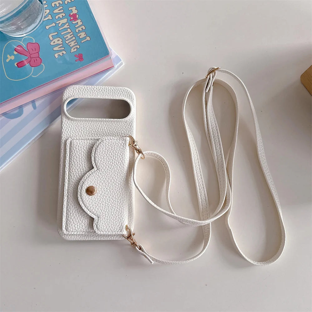 Leather Litchi Wallet Cards Slot Bag Case For Google Pixel 9 8 7 6 9 Pro XL 8A 7A 6A 9XL Shoulder Strap Lanyard Skin Feel Cover