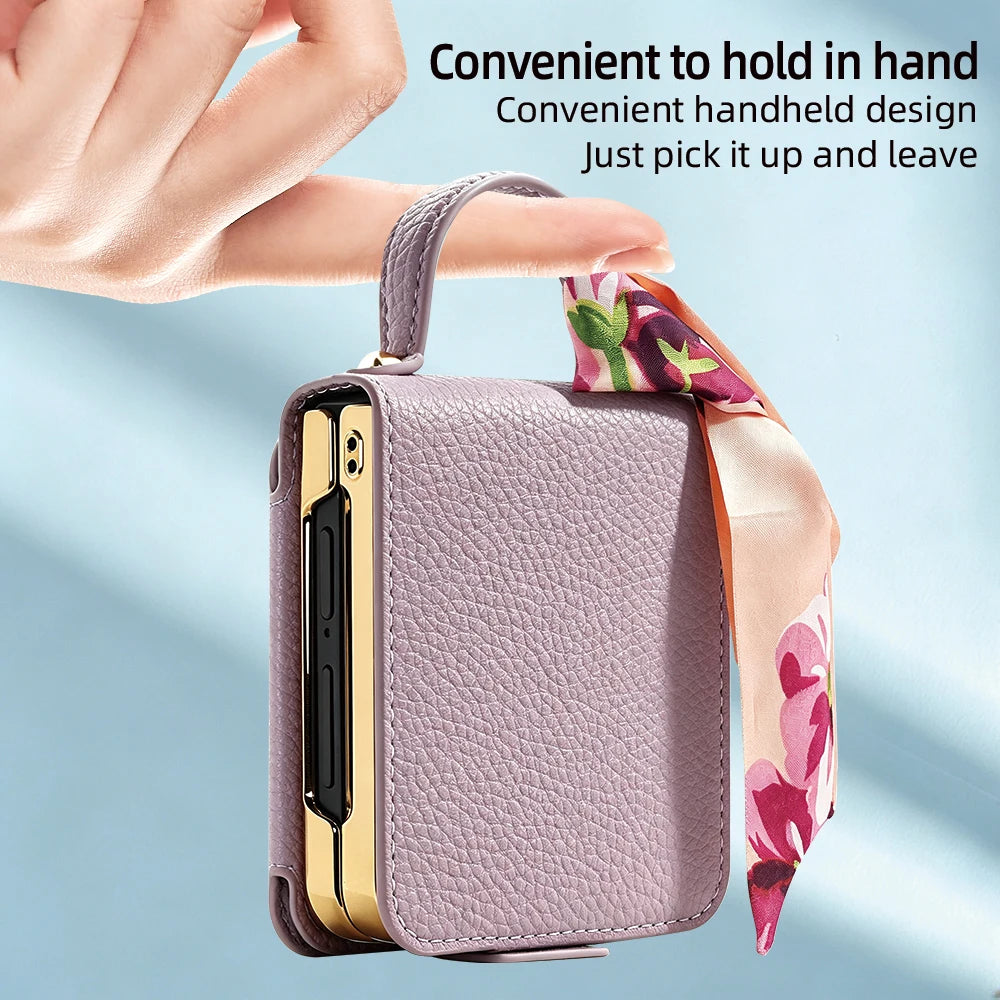 Wrist Strap Lychee Patterned Leather Case for Samsung Z Flip 8 7 6 5 4 Shockproof Screen Protector with Built-in Mirror Cover