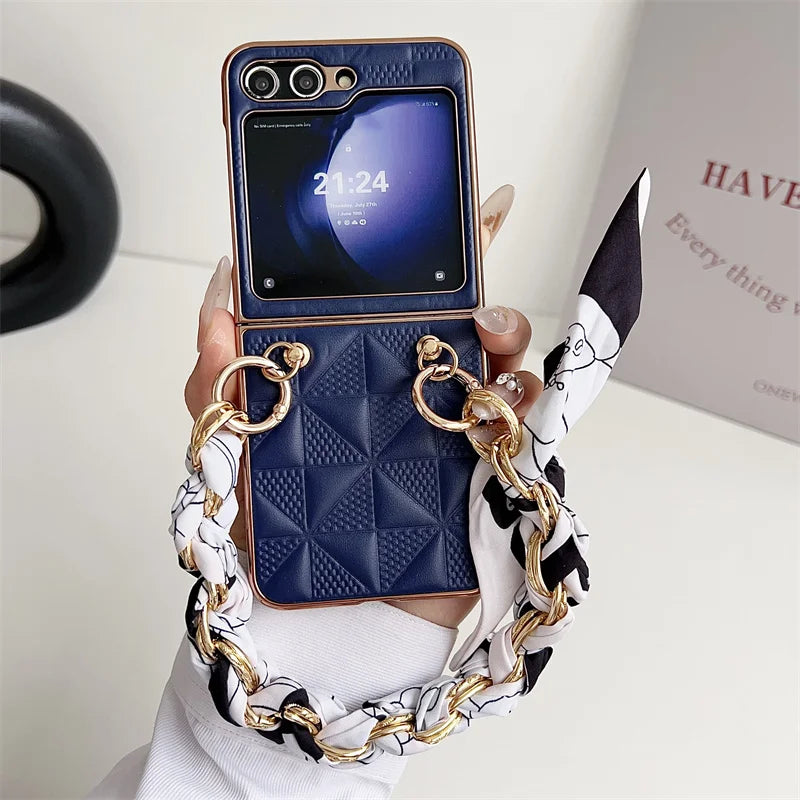 Hand Lanyard Lattice Pattern Phone Cover For Samsung Z Flip5 ZFlip 3 4 Wrist Chain Rope Electroplated Case For Galaxy Flip 6 5