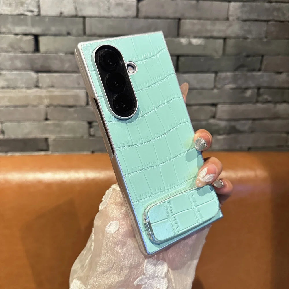 3D Crocodile Skin Pattern PU Phone Case For Samsung Galaxy Z Fold 7 6 5 4 3 Fold7 ins Y2K Invisible Makeup Mirror Bracket Cover