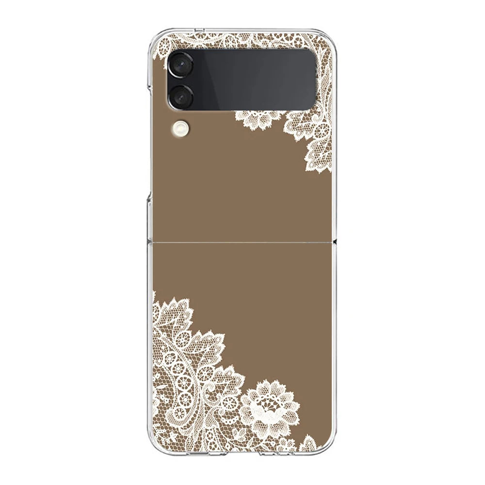 Transparent Phone Case For Samsung Galaxy Z Flip 3 4 5 6 7 Hard Folding PC Z Flip3 Flip4 Cover Lace Printed