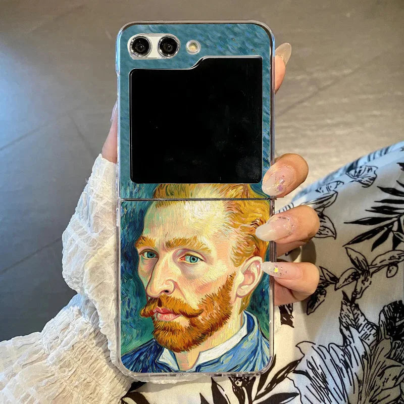 Art Van Gogh Sunflower Cat Oil Painting Phone Case For Samsung Galaxy Z Flip 6 5 7 3 4 Clear Hard PC Folding Cover For Z Flip 5
