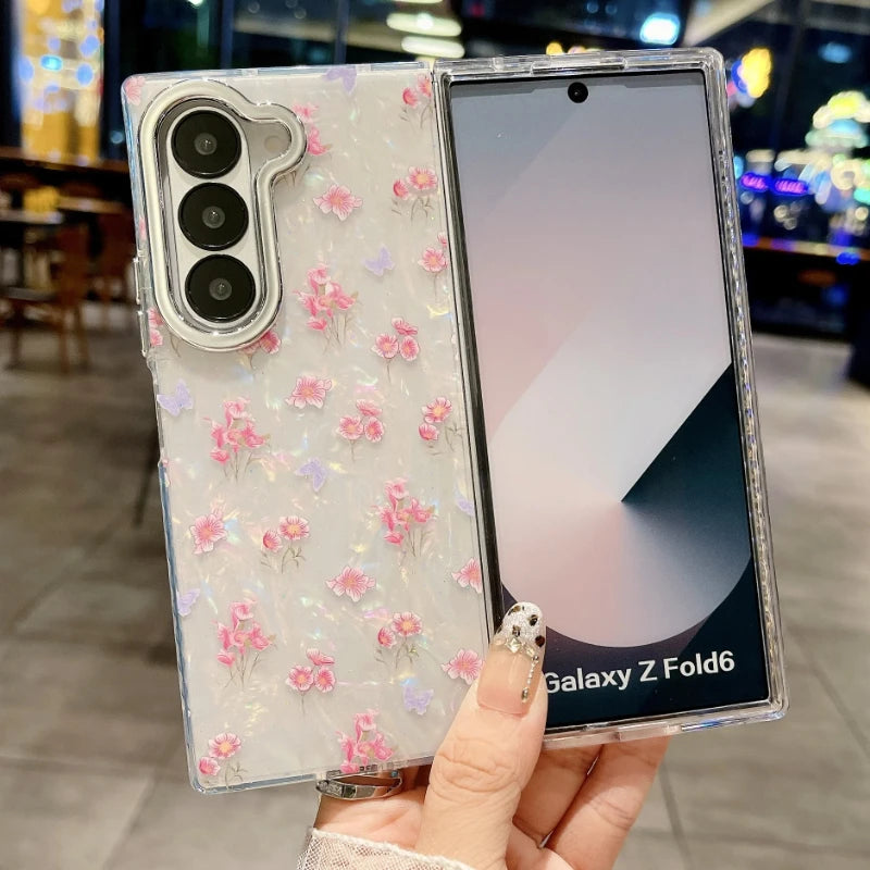 Laser Shell Pattern Flower Cases For Samsung Galaxy Z Fold 6 Glitter Cover For Samsung Z Fold 5 zfold4 zfold3 Hard Back Shell