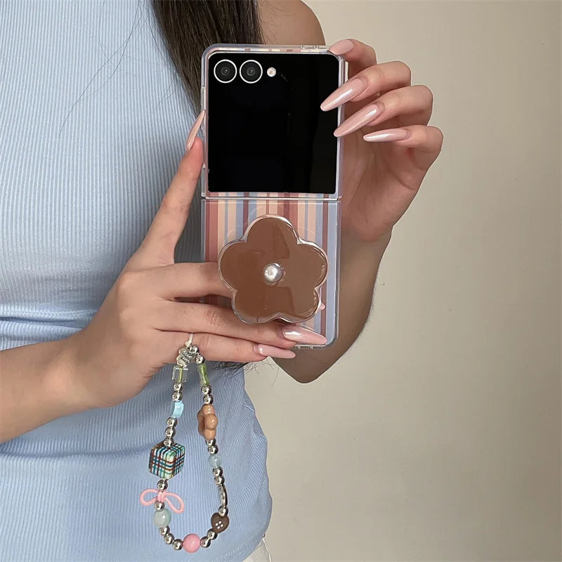 Fashion Brown Stripe Phone Case For Samsung Z Flip 7 6 5 4 Cover with Flower Stand Holder Chain Cute Cases For Galaxy Flip7 Capa