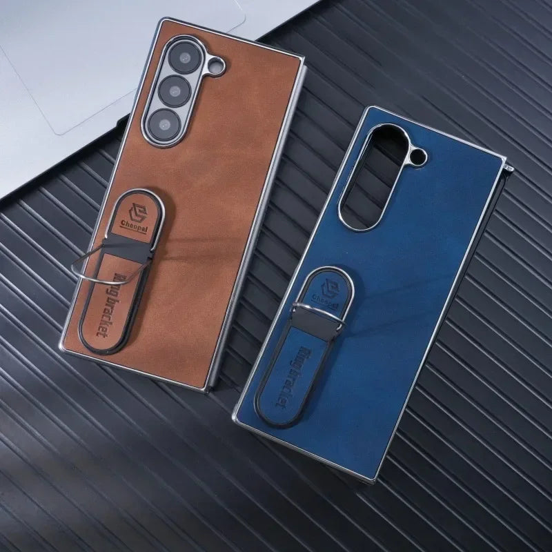 Leather Bracket Phone Case For Samsung Galaxy Z Fold 7 6 5 4 3 Electroplated Z Fold7 Fold6 Fold5 Fold4 Fold3 Protective Cover