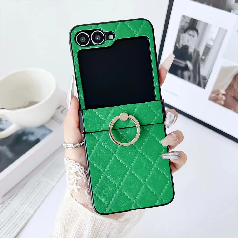 Leather Finger Ring Buckle Case For Samsung Galaxy Z Flip 6 5 4 3 Grid Pattern Stand Holder Shockproof For Galaxy Flip 6 Cover