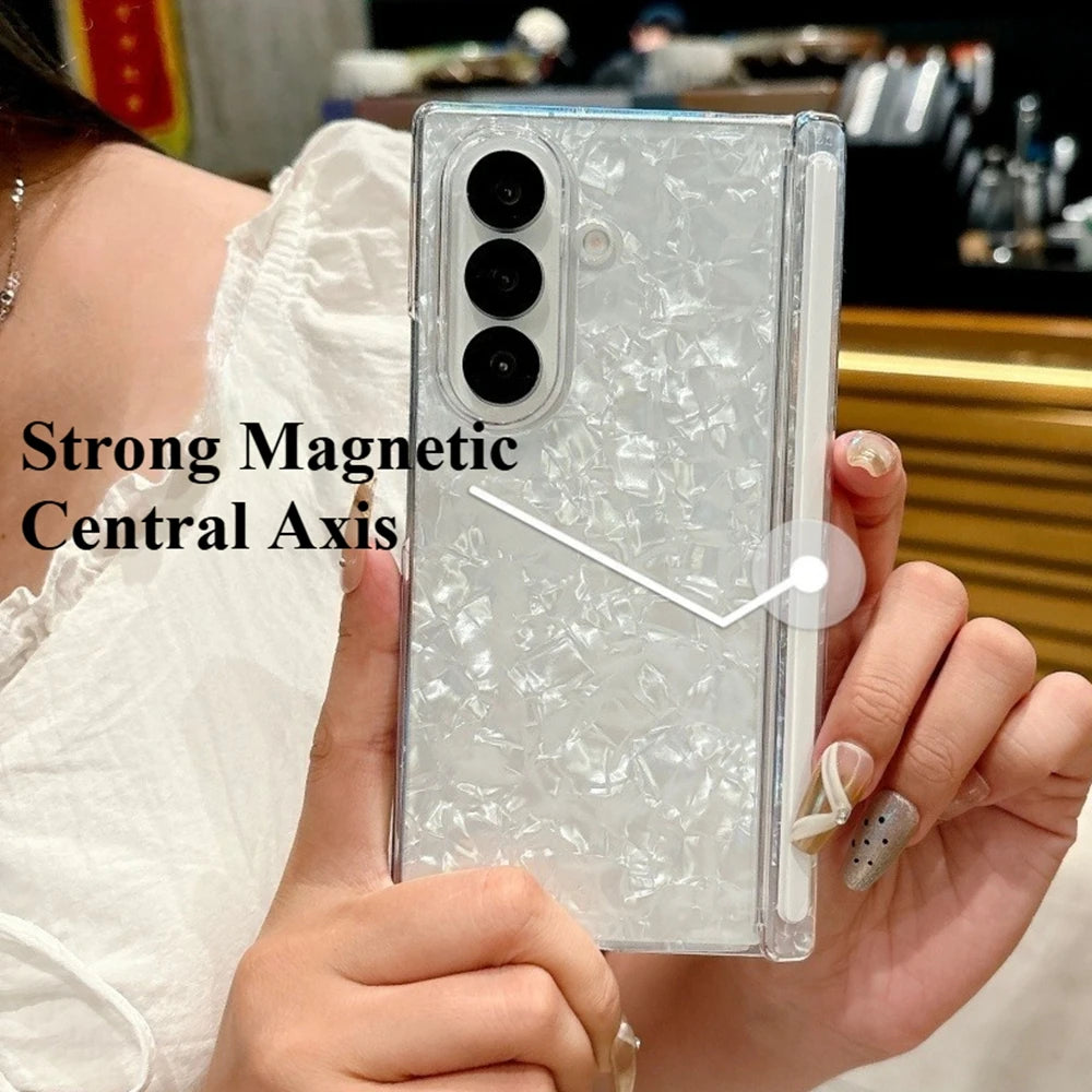 Gradient Colorful Shell Pattern Case For Samsung Galaxy ZFold 7 ZFold6 ZFold5 Strong Magnetic Central Axis Shockproof Hard Cover