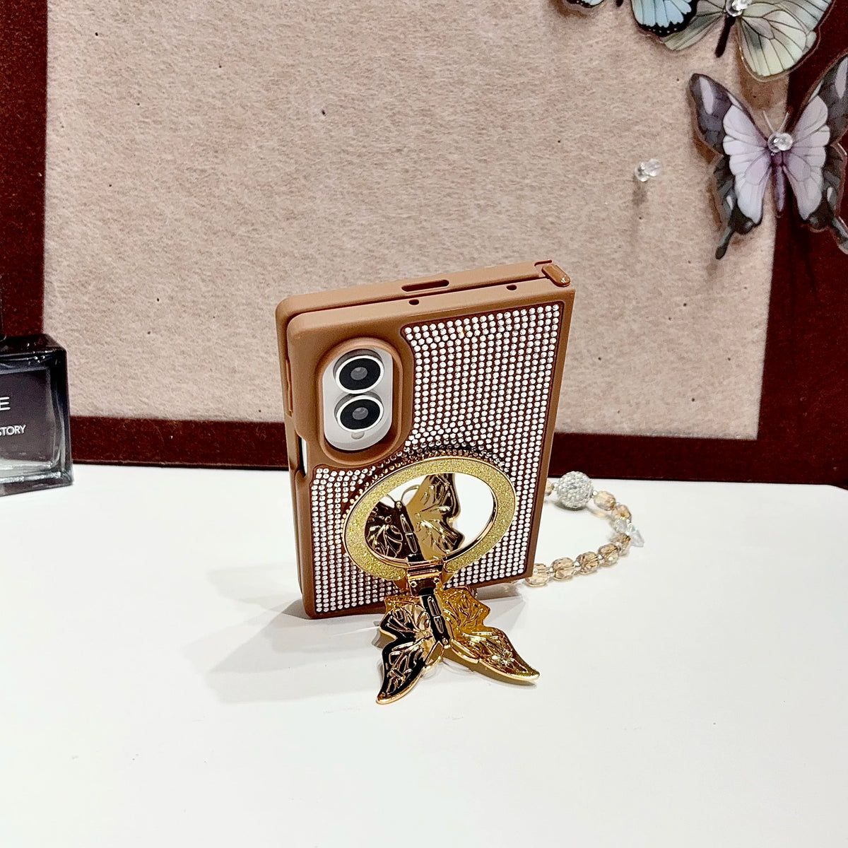 Full Diamond Butterfly Mirror Stand‌ Phone Case for Samsung Galaxy Z Fold8 Fold 8 Wide Shockproof Fashion Strap Slim Fit Cover