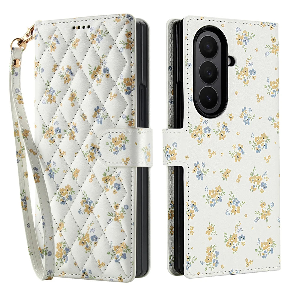 Luxury White Leather Colorful Flowers Wallet Flip Phone Case For Samsung Z Fold 7 6 5 4 5G Soft Wrist Strap Shockproof Cover
