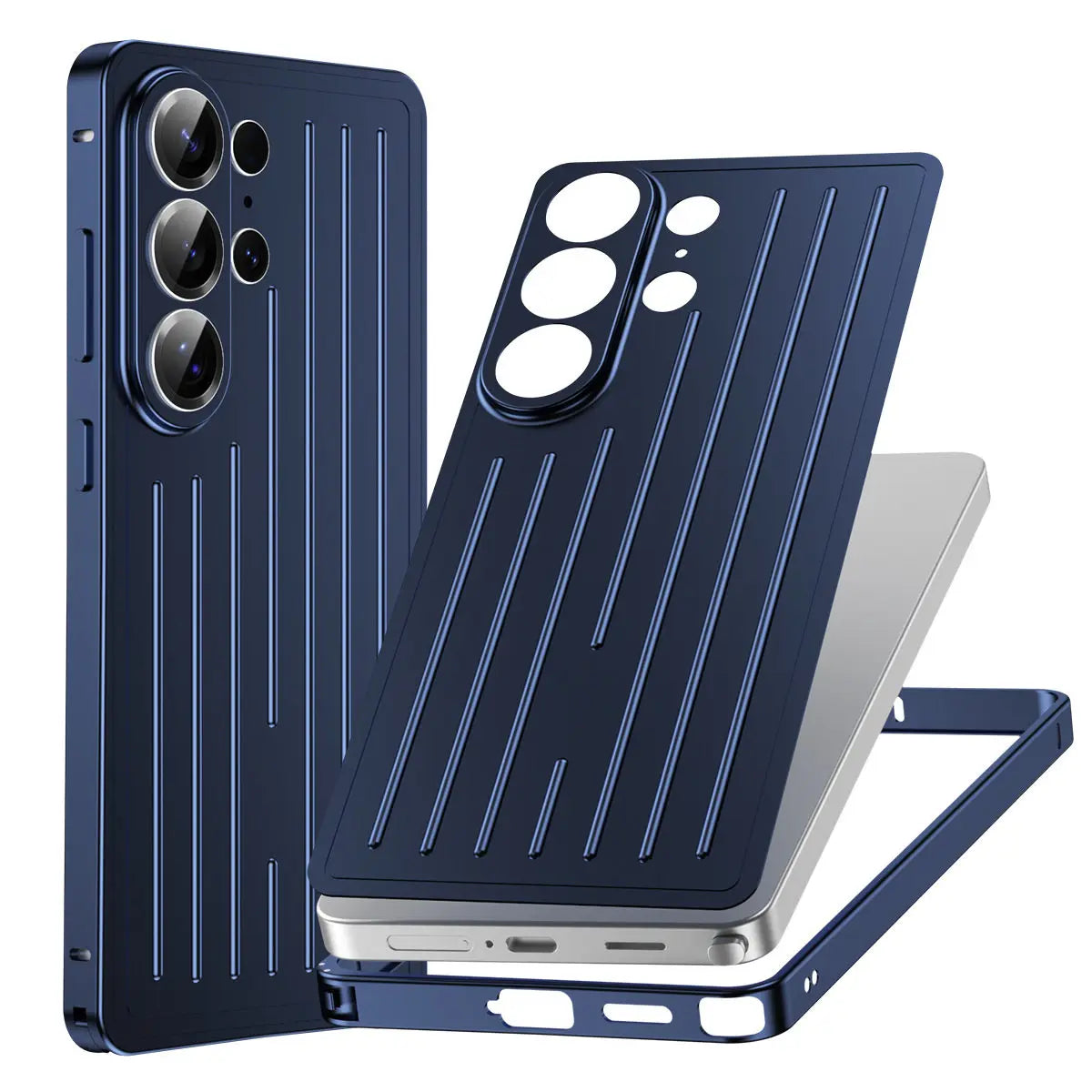 Aluminum Alloy Frame 3D Striped Cover Plate 2in1 Phone Case for Samsung Galaxy S26 Ultra S26 Shockproof Corrugated Luggage Cover