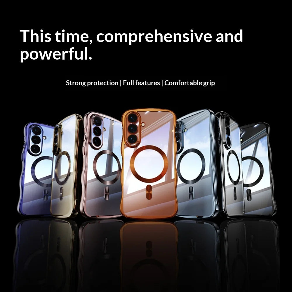 Electroplated Wave Frame Magnetic Case For Samsung Galaxy S26 Edge S25 S24 Ultra Plus Wireless Charge Transparent TPU Soft Shell
