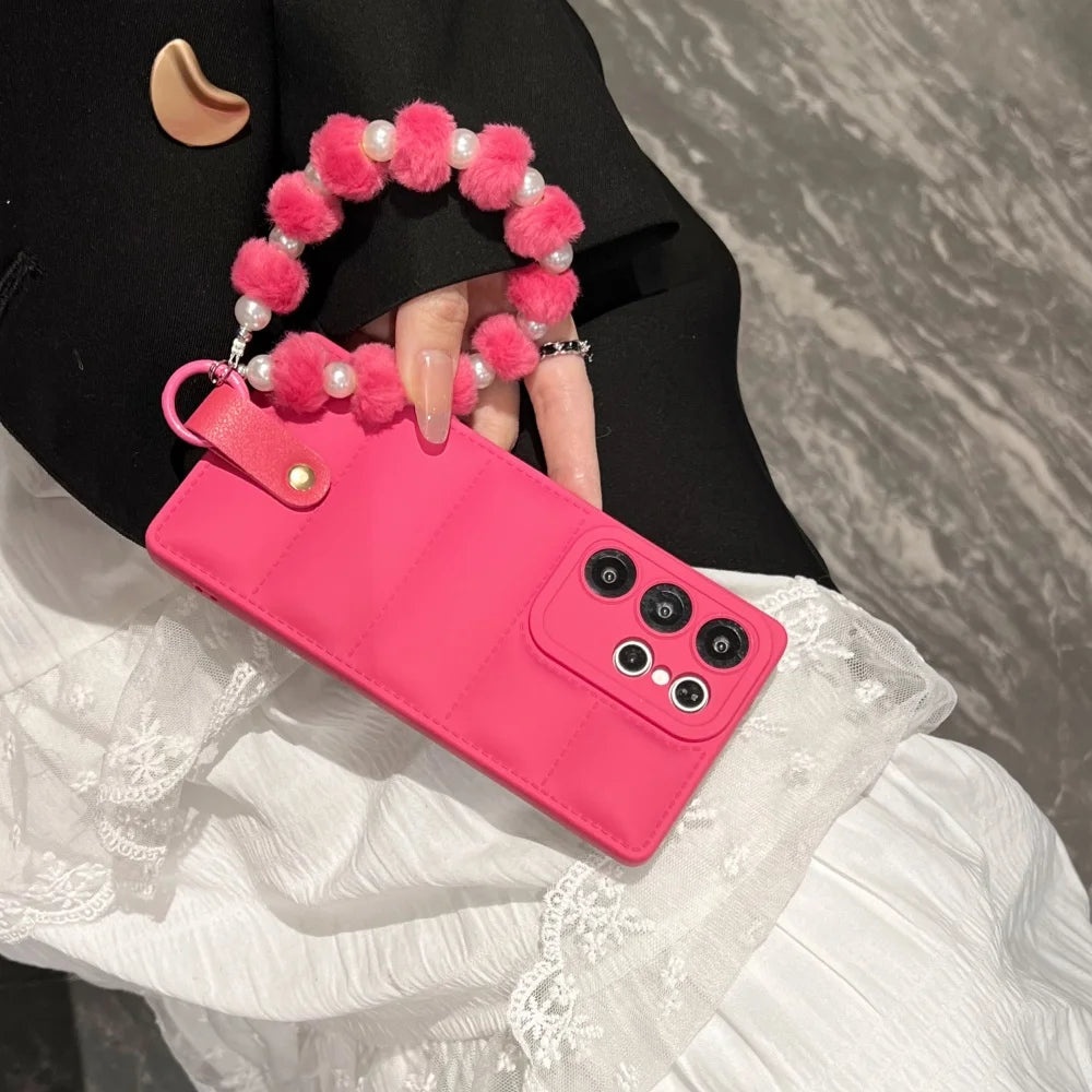 Down Jacket Style Phone Case with Plush Pearl Wrist Strap For Samsung Galaxy S26 S25 S24 Ultra S23 FE S22 S21 Plus A17 A07 A56