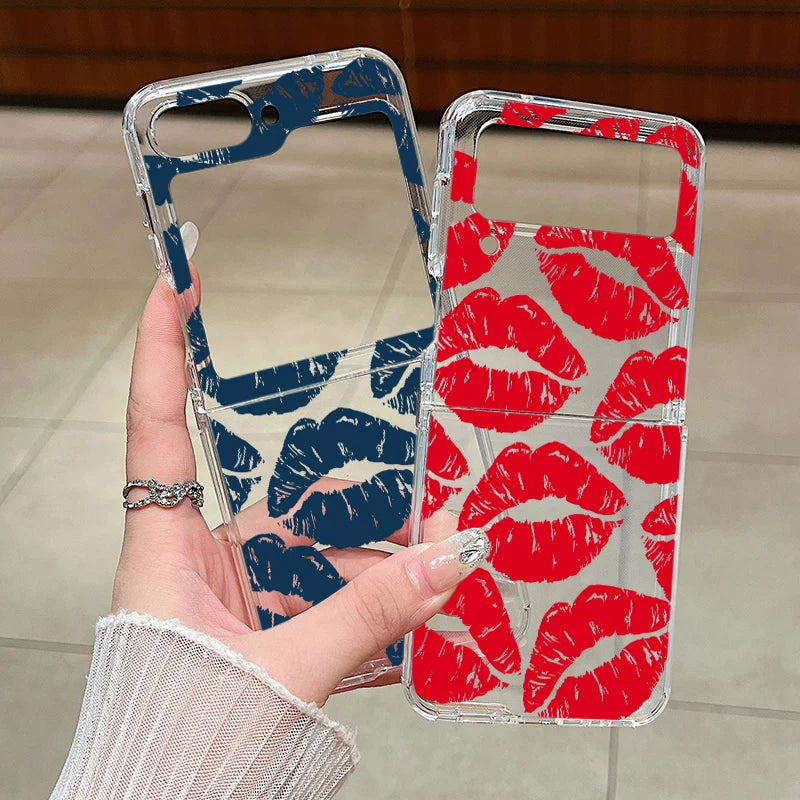 Luxury Kiss Lips Phone Case For Samsung Galaxy Z Flip 6 5 4 3 Metal Buckle Clear TPU Folding Cover For Samsung Z Flip6 Flip5