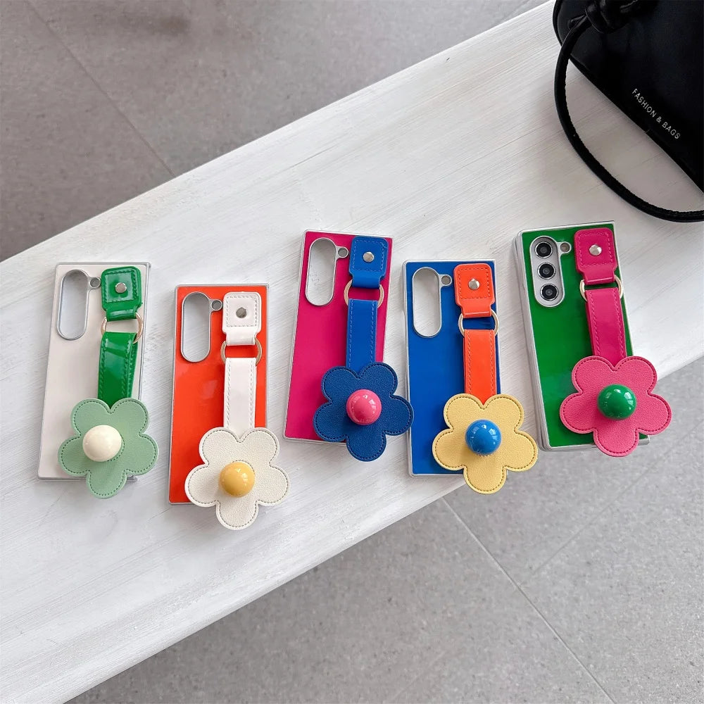 For Samsung Galaxy Z Fold7 Fold 7 6 5 4 3 Zfold6 3D Flowers Leather Wristband Phone Case Plating Silver Frame Shockproof Cover