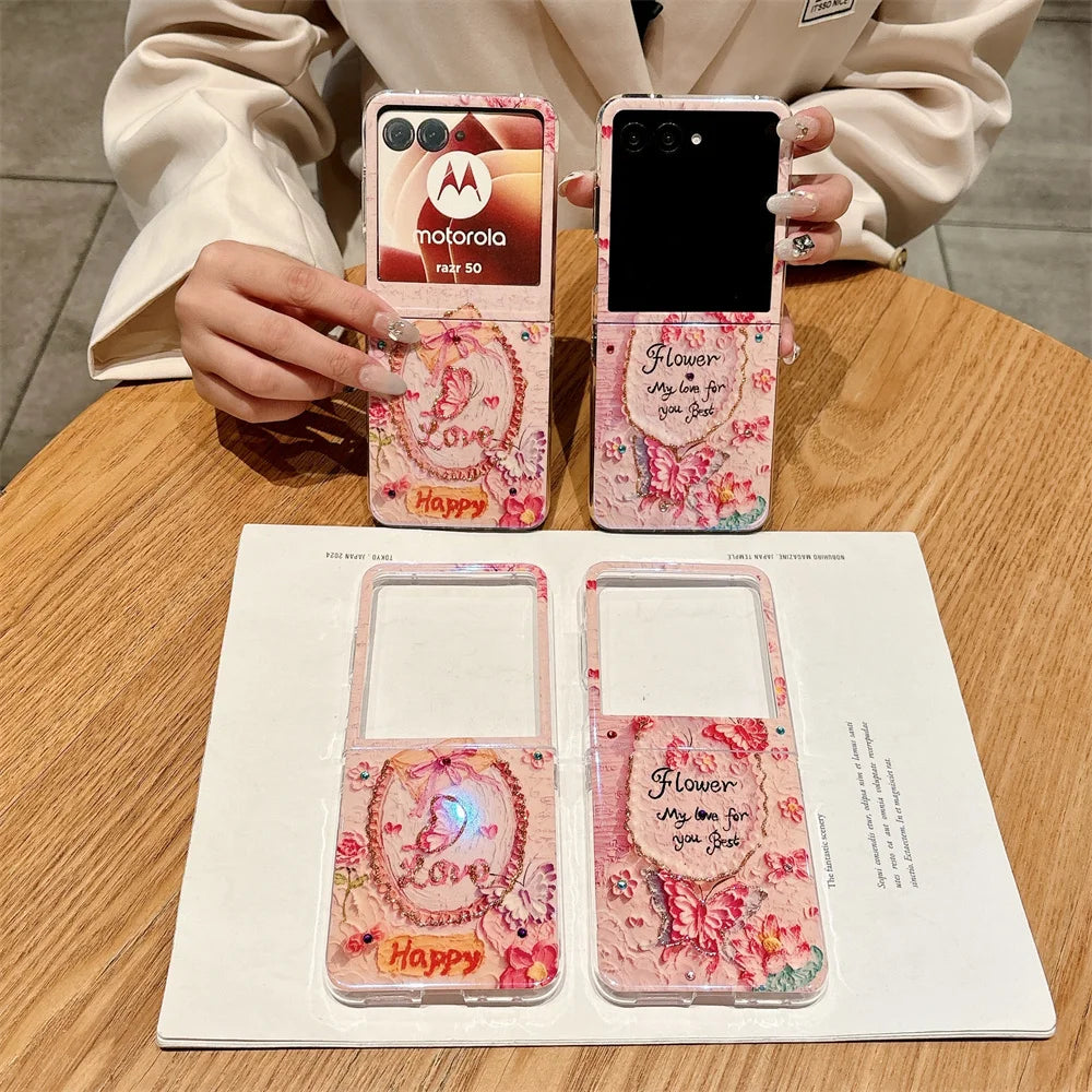 Oil Painting Butterfly Pattern Phone Case For Motorola Moto Razr 50 Ultra Jewelled Protection PC Hard Shell Back Cover