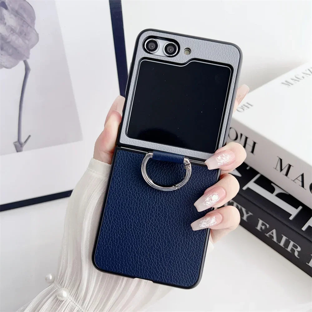 flip 6 Case Double Color Ring Holder Luxury Phone Case for Samsung Galaxy Z Flip 6 5 4 3 2 1 flip6 Flip5 PU Leather Cover