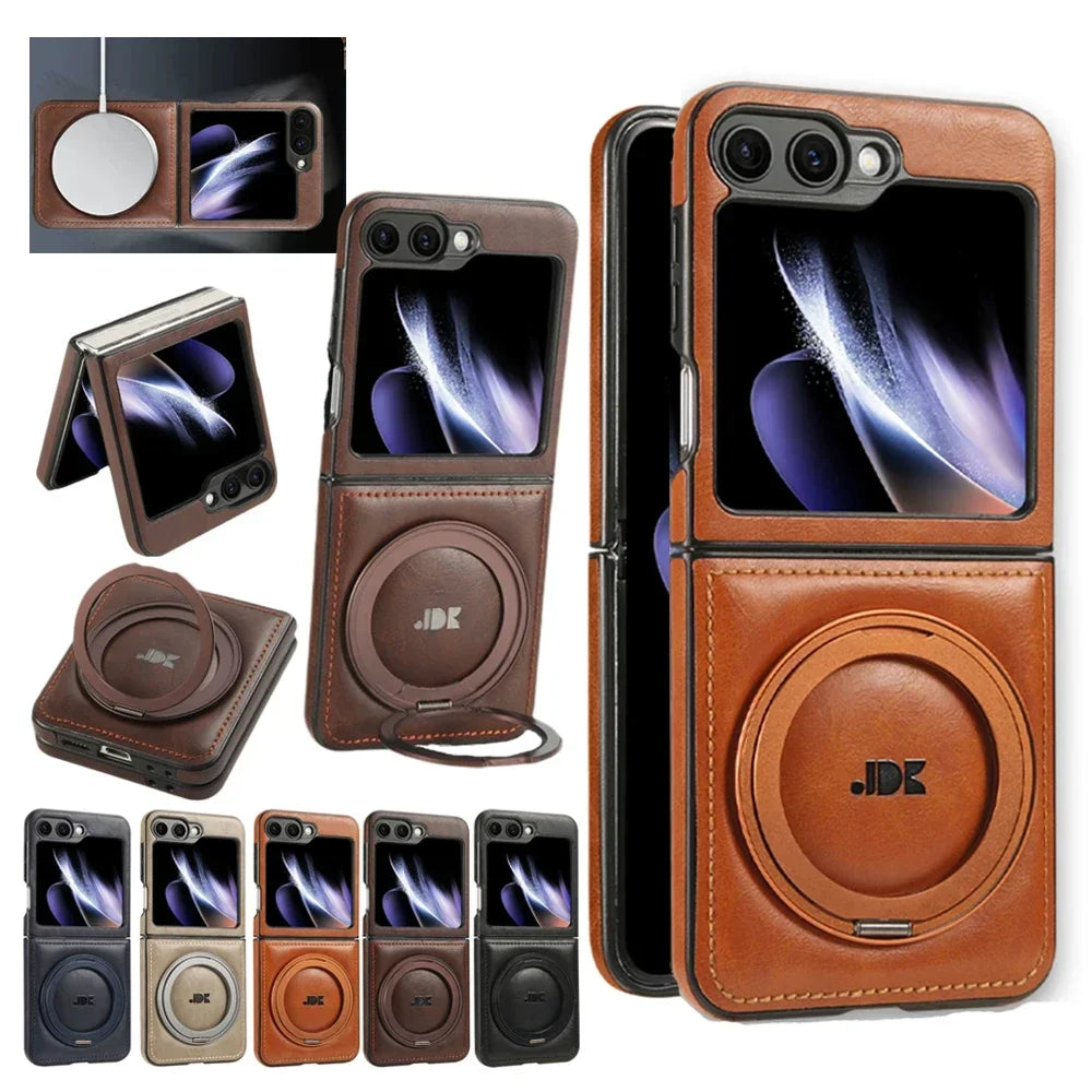 Rotation Bracket Leather Phone Case Magsafe Back Cover for Samsung Galaxy ZFlip6 5G ZFlip 7 6 5 4 3 Magnetic Wireless Charging
