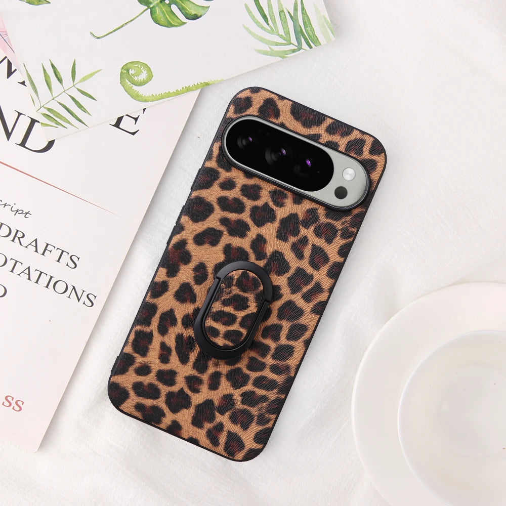 For Google Pixel 10 Pro 8 7 6 9 Pro XL 9A 8A 7A Leather Case With Finger Ring Holder Carbon Fiber Saffiano Leopard Print Cover