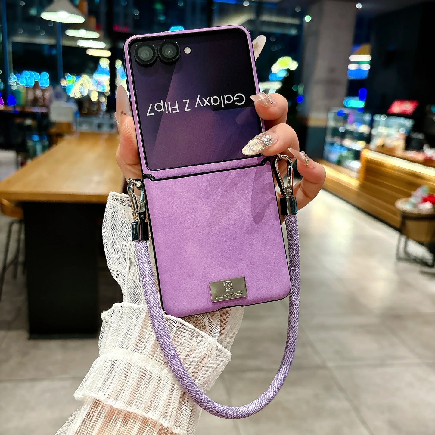 Luxury Sheepskin Leather Case with Nameplate For Samsung Galaxy Z Flip 7 6 5 4 3 5G ZFlip7 FE Fashion Back Cover With lanyard