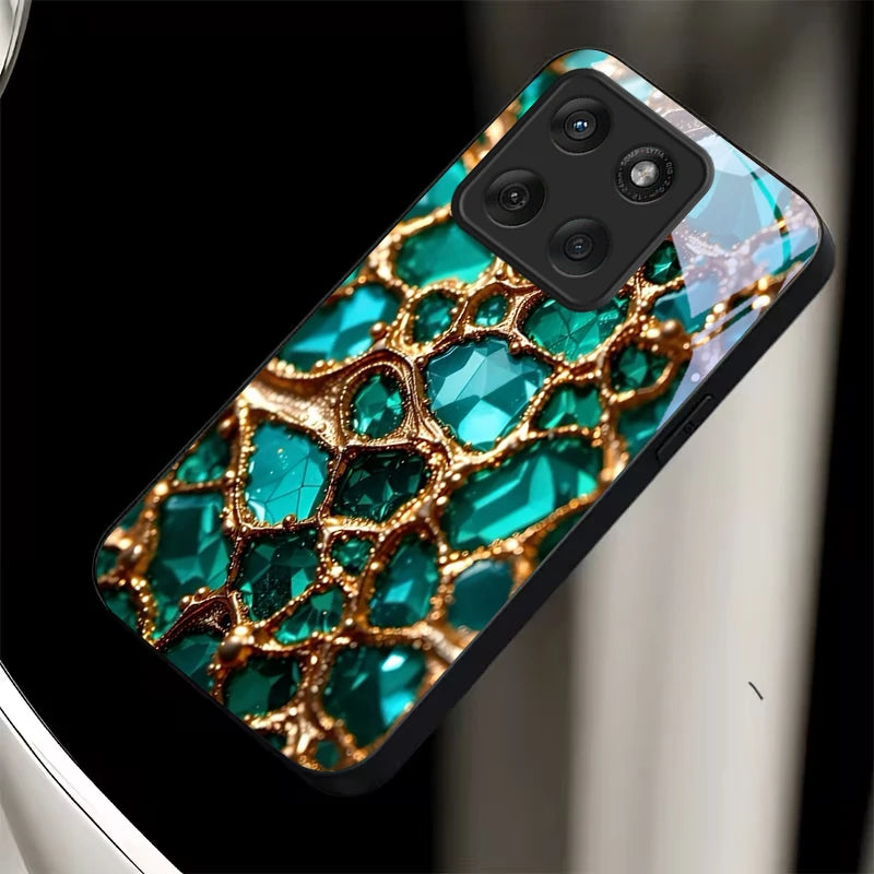 Luxury Green Gem Golden Black Glass Phone Case For Motorola Moto Edge 60 70 20 Lite 30 Pro 40 50 Ultra G45 G54 G55 G75 84 Cover