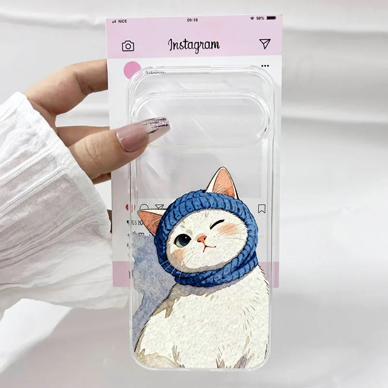 INS Korea Cute Pink Cat Pattern Phone Case For Google Pixel 10 9 Pro XL 8 Pro 6 7 8A 7A 5G Lovely Transparent Soft TPU Cover Bag