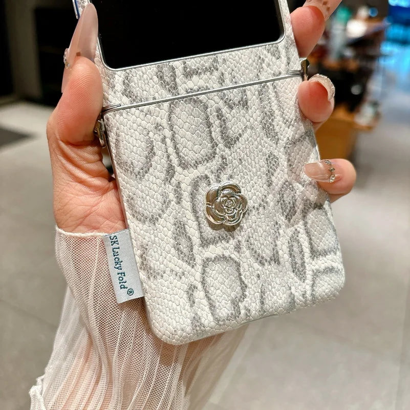 Python Skin Pattern Side Buckle Camellia Decorated Case For Moto Razr 60 Ultra Motorola Razr 50 Ultra 2025 Protective Cover